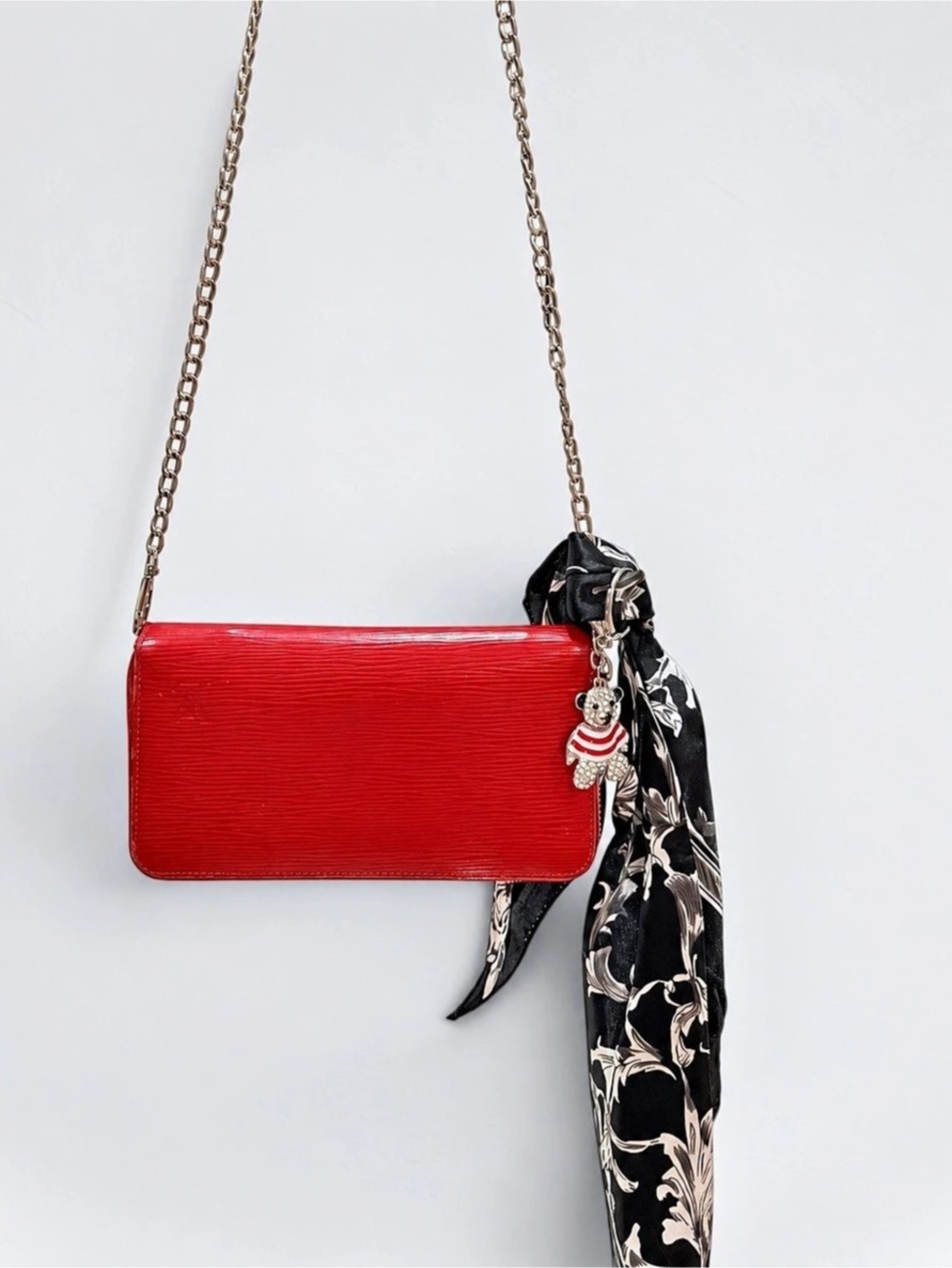 Louis Vuitton Red Epi Zippy Wallet Crossbody Conversion + Scarf & Bear Charm